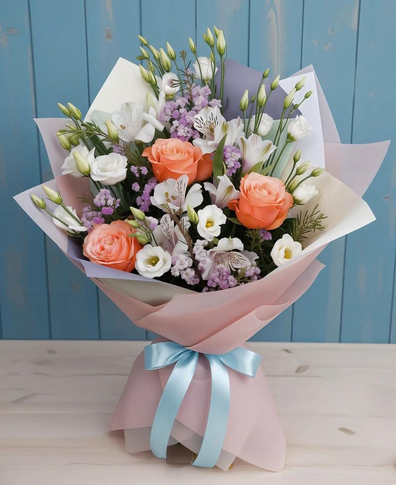Букет цветов из: Лизиантусы, Розы, Альстромерии и Гипсофила в Горнозаводске