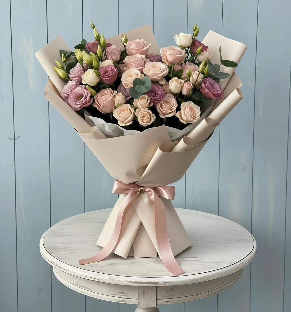 Букет цветов из: Розы и Лизиантусы в Горнозаводске