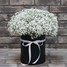 Цветочная композиция из Гипсофила в шляпной коробке в Горнозаводске